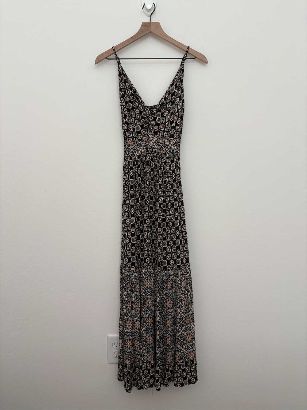 Black Floral Print Maxi Dress with Neutral Accents